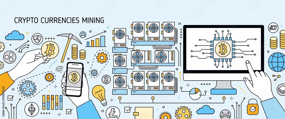 Poster horizontal colorful banner with computer display, hand holding phone, bitcoin symbols. cryptocurrenc