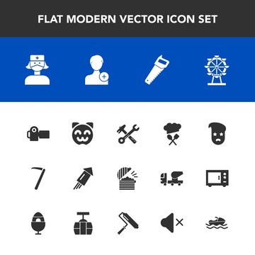Modern, simple vector icon set with equipment, work, fashion, food, event, animal, tool, camera, chef, photo, wrench, retro, kitty, london, park, holiday, restaurant, eye, graphic, firework, add icons