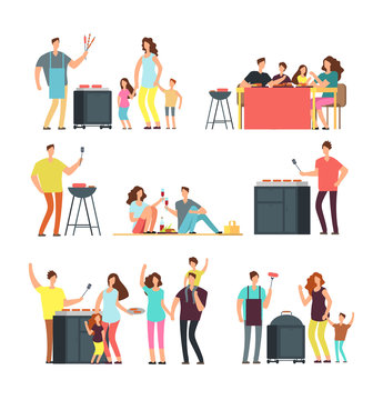 Resting people on bbq picnic. Active family and kids playing outdoor. Cartoon vector characters isolated