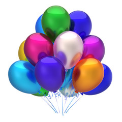 Multicolored balloon birthday party decoration. Colorful balloons bunch glossy. Happy holiday, anniversary, celebrate, greeting card, invitation background. 3d illustration