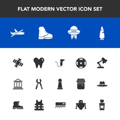 Modern, simple vector icon set with airplane, strategy, lamp, finance, white, flight, medical, chess, poker, bank, fresh, dentistry, industrial, repair, technology, piece, service, travel, food icons