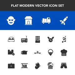 Modern, simple vector icon set with sale, price, sweet, dessert, shirt, furniture, rocket, musical, fashion, music, bedroom, alien, cafe, caffeine, hanger, t-shirt, note, wear, radio, chocolate icons