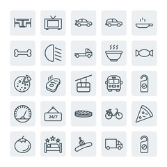 Moder Simple Set of transports, food, hotel Vector outline Icons. Contains such Icons as  salami,  steak,  room, table,  motel,  sausage and more on white background. Fully Editable. Pixel Perfect.