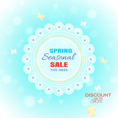 Vector advertising poster for Spring Seasonal Sale on the gradient bluebackground with flowers, butterflies and glow.