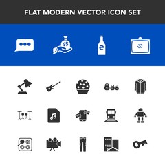 Modern, simple vector icon set with lamp, message, guitar, building, bag, phone, room, tv, sound, dessert, weight, entertainment, estate, television, sweet, clothing, white, food, drum, beverage icons