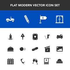 Modern, simple vector icon set with well, house, car, sunset, pencil, shipping, candle, fun, delivery, restaurant, vehicle, dentist, ball, sunrise, energy, fire, home, decoration, pill, medicine icons