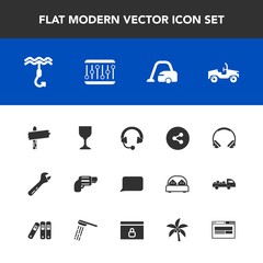 Modern, simple vector icon set with hammer, car, tool, firearm, housework, business, wine, nature, hook, technology, modern, glass, handgun, cleaner, summer, headphone, palm, alcohol, audio, gun icons