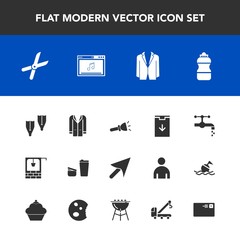 Modern, simple vector icon set with outfit, lamp, work, flashlight, flipper, electric, mail, business, shine, pruning, underwater, drink, communication, light, jacket, coffee, cafe, sugar, cut icons