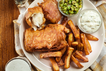 Traditional fish in beer batter and chips