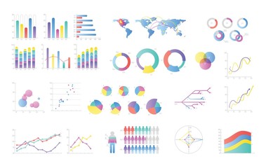 Collection of colorful bar charts, pie diagrams, linear graphs, scatter plots. Statistical and financial data visualization and representation. Vector illustration for business presentation, report.