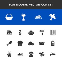 Modern, simple vector icon set with backpack, room, gas, roll, object, travel, train, equipment, transportation, van, home, airplane, tool, shovel, boat, roller, pot, kitchen, chief, oven, play icons