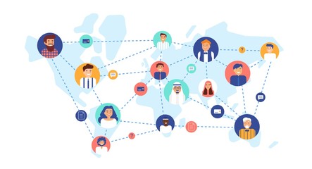 Round portraits of smiling people connected with each other on world map. International business team, global professional network, multinational company. Flat cartoon colorful vector illustration.