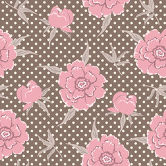 Floral pattern on a brown background with polka dots. Seamless sample with pink peonies and leaves. Vector illustration