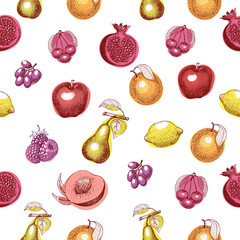 Fruits hand drawn vector seamless pattern. Retro engraved style background. Can be use for menu, label, packaging, farm market products.