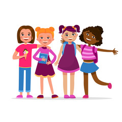 Cute girls having fun standing together vector cartoon characters isolated on white background. School Girl friendship concept flat illustration. Students in various poses hugging, smiling.