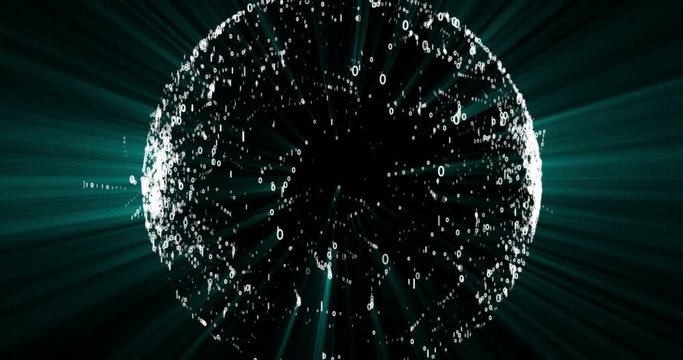 Sphere with two blue poles from which information is released. Packets of 0 and 1 connecting the globe. Communication between 2 extremes, exchange of digital information on Earth. Internet datacenter - Powered by Adobe