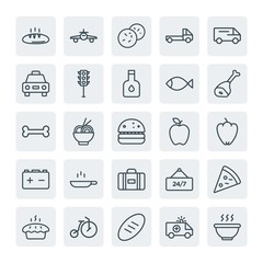 Moder Simple Set of transports, food, hotel Vector outline Icons. Contains such Icons as  airplane,  time,  meal,  travel,  salami,  cake and more on white background. Fully Editable. Pixel Perfect.