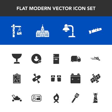 Modern, simple vector icon set with fashion, musical, sound, beach, interior, freezer, food, construction, footwear, image, airplane, glass, river, church, flip, kayaking, lighthouse, departure icons