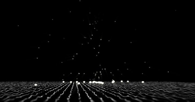 Luminous spheres fall from top and bounce off a grid of moving dots generating other spheres. Bright spheres fall as rain drops on a floor. Abstract rain simulation of data and information on network