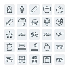 Moder Simple Set of transports, food, hotel Vector outline Icons. Contains such Icons as motorbike,  snack,  truck, bakery,  man,  biker and more on white background. Fully Editable. Pixel Perfect.