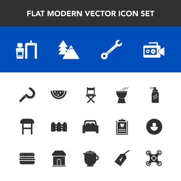 Modern, simple vector icon set with wrench, tree, landscape, percussion, machine, chair, xray, armchair, environment, forest, watermelon, control, seat, hammer, nature, equipment, street, fence icons