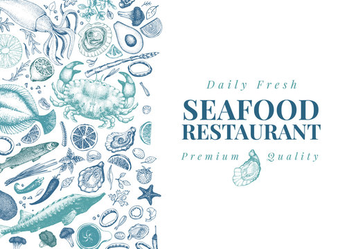 Seafood vector illustration. Can be use for restaurants menu, cover, packaging. Vintage hand drawn banner template. Retro background.