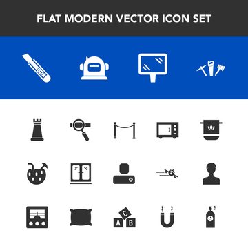Modern, simple vector icon set with banner, magnetic, summer, king, laptop, hammer, technology, astronaut, game, cocktail, fence, social, soft, science, home, microwave, piece, research, helmet icons