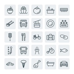 Moder Simple Set of transports, food, hotel Vector outline Icons. Contains such Icons as  traffic, bicycle,  vegetable,  bike,  tanker, car and more on white background. Fully Editable. Pixel Perfect.