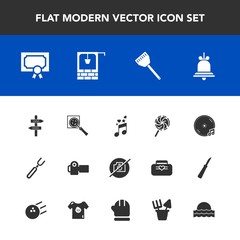 Modern, simple vector icon set with notification, spoon, well, photo, diploma, water, camera, technology, old, musical, album, music, award, restaurant, stone, cooking, lollipop, alert, frame icons