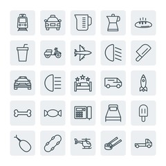 Moder Simple Set of transports, food, hotel Vector outline Icons. Contains such Icons as liquid,  shine,  cream,  front,  car, bed,  truck and more on white background. Fully Editable. Pixel Perfect.