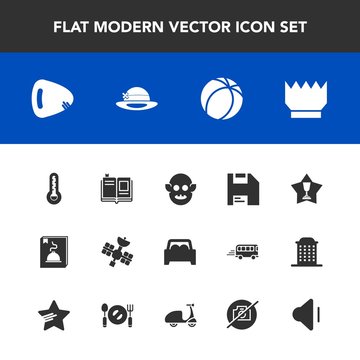 Modern, simple vector icon set with picture, satellite, monster, audio, guitar, ufo, temperature, volume, winner, car, sign, vehicle, place, textbook, no, luxury, library, sound, thermometer, up icons