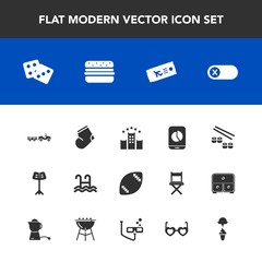 Modern, simple vector icon set with ball, delivery, dice, turn, seafood, game, mobile, flight, sushi, fashion, japan, water, musical, hamburger, music, energy, off, deactivate, truck, ticket icons