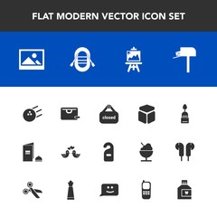 Modern, simple vector icon set with box, fun, shop, pigeon, post, label, background, cake, doughnut, bowling, hotel, mailbox, old, art, , love, store, travel, bird, brochure, dove, business, pin icons