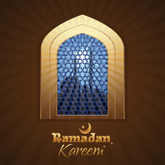 Ramadan Kareem mosque window with arabic pattern for islamic greeting. Greeting card for Ramadan Kareem. Vector illustration