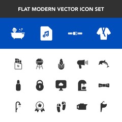 Modern, simple vector icon set with nature, fresh, sound, tap, animal, wildlife, bath, chocolate, cooking, lock, megaphone, dessert, sport, healthy, food, cloud, corn, security, note, fashion icons