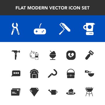 Modern, simple vector icon set with harvest, play, speech, natural, saw, joystick, hammer, barn, chat, food, potato, barbecue, sickle, construction, kitchen, agriculture, roller, tool, sign, bbq icons