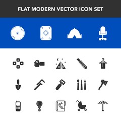Modern, simple vector icon set with japan, baby, game, vegetable, repair, pram, camp, outdoor, tent, umbrella, potato, poker, carriage, computer, adventure, service, industrial, technology, work icons