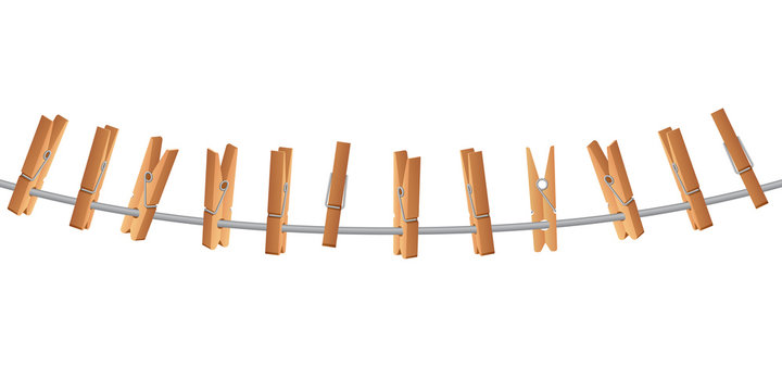 Wooden clothespin on clothes line holding rope vector illustration isolated on white background