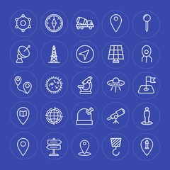 Modern Simple Set of industry, science, location Vector outline Icons. Contains such Icons as  travel,  space, location,  direction,  pin and more on blue background. Fully Editable. Pixel Perfect.