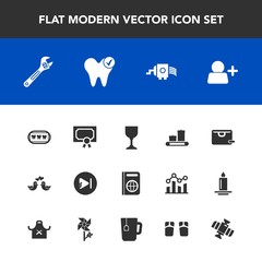 Modern, simple vector icon set with dove, orbit, document, dental, pigeon, passport, , sale, spanner, hammer, dentist, certificate, space, bag, diploma, alcohol, white, equipment, planet, video icons