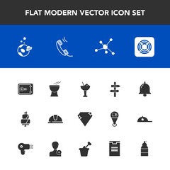 Modern, simple vector icon set with work, science, atom, direction, music, phone, fan, bar, hat, drink, bell, musical, spaceship, call, way, arrow, gem, bank, astronaut, money, ring, technology icons