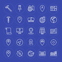 Modern Simple Set of industry, science, location Vector outline Icons. Contains such Icons as  tourism,  tool,  equipment,  map,  pointer and more on blue background. Fully Editable. Pixel Perfect.