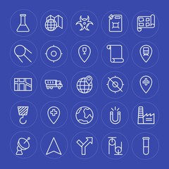 Modern Simple Set of industry, science, location Vector outline Icons. Contains such Icons as  delivery,  danger,  experiment,  dish,  power and more on blue background. Fully Editable. Pixel Perfect.