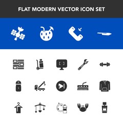 Modern, simple vector icon set with satellite, computer, equipment, salt, vehicle, call, media, newspaper, summer, cargo, technology, play, kitchen, music, news, spanner, spice, truck, car, tool icons