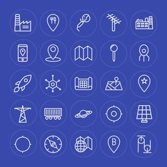 Modern Simple Set of industry, science, location Vector outline Icons. Contains such Icons as restaurant,  east,  chemical,  panel,  antenna and more on blue background. Fully Editable. Pixel Perfect.