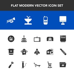Fototapeta premium Modern, simple vector icon set with bottle, stationary, phone, fireplace, water, craft, communication, nutrition, internet, gas, fire, dinner, towel, tv, appliance, laptop, computer, plate, art icons