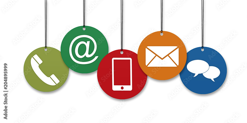 Wall mural colored website and internet contact us page concept with hanging icons in front of a white backgrou