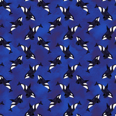 Orca or killer whale watercolor seamless pattern.