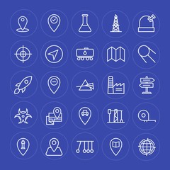 Modern Simple Set of industry, science, location Vector outline Icons. Contains such Icons as  lab,  sky, pendulum,  student,  gps,  travel and more on blue background. Fully Editable. Pixel Perfect.