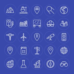 Modern Simple Set of industry, science, location Vector outline Icons. Contains such Icons as  power,  star, science,  pin,  laboratory, map and more on blue background. Fully Editable. Pixel Perfect.